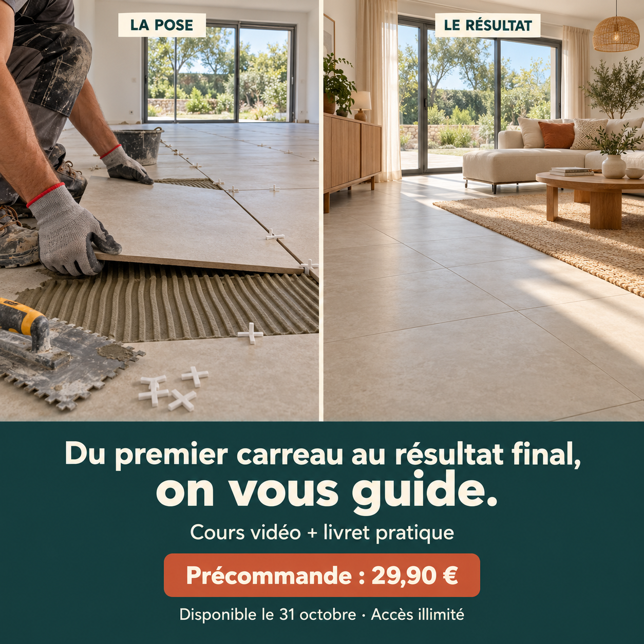 publicite cours pose resultat Cours vidéo de carrelage : illustration de la pose en cours et du résultat fini. Précommande à 29,90 euros avec livret pratique.